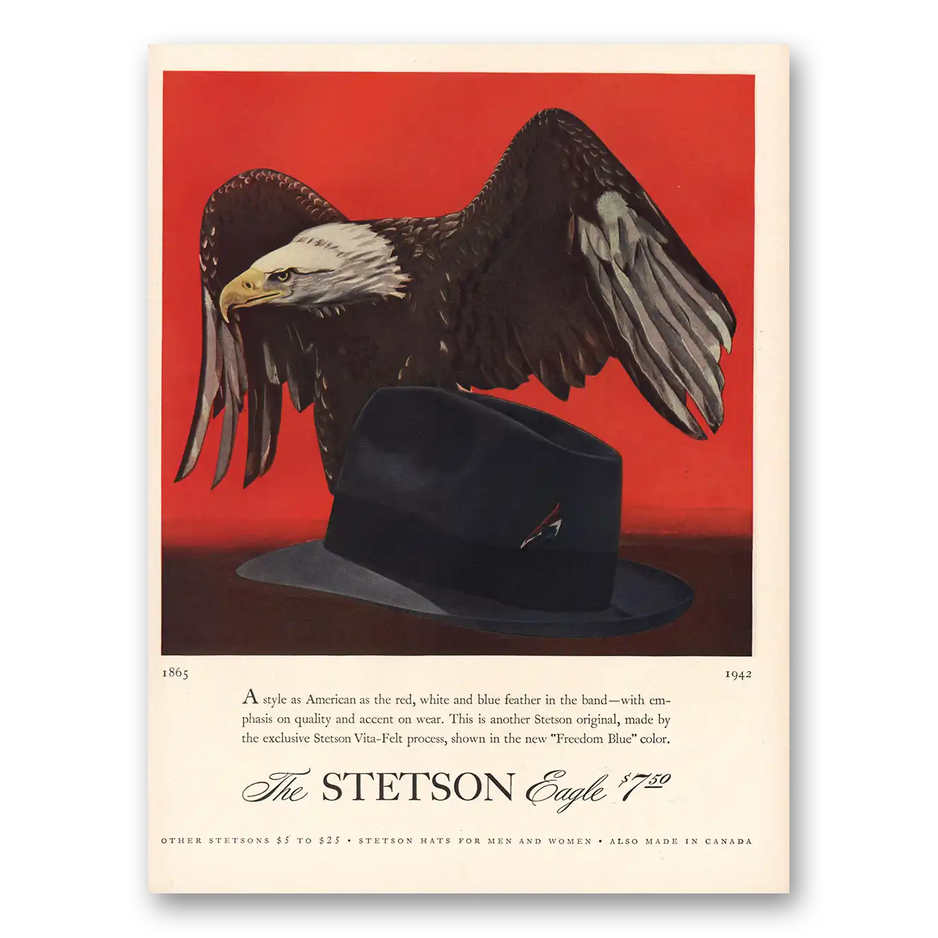 1942 Stetson As American As Red White Blue Vintage Magazine Print Ad