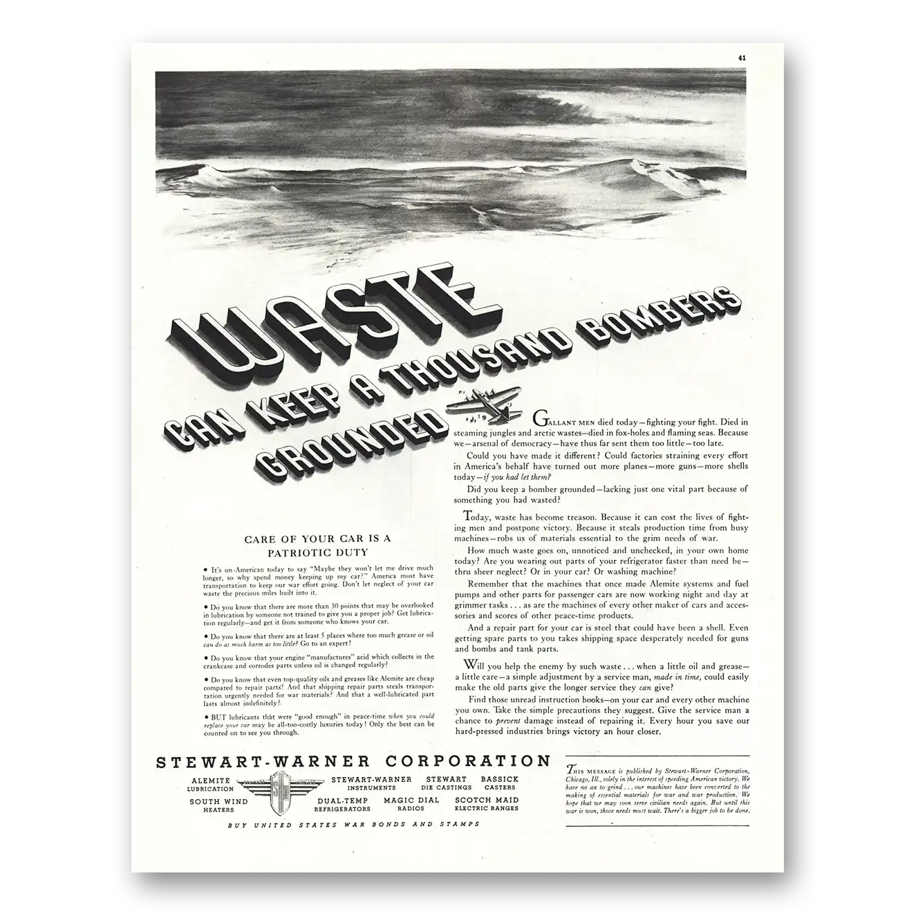 1942 Stewart Warner Waste Thousand Bombers Grounded Vintage Magazine Print Ad