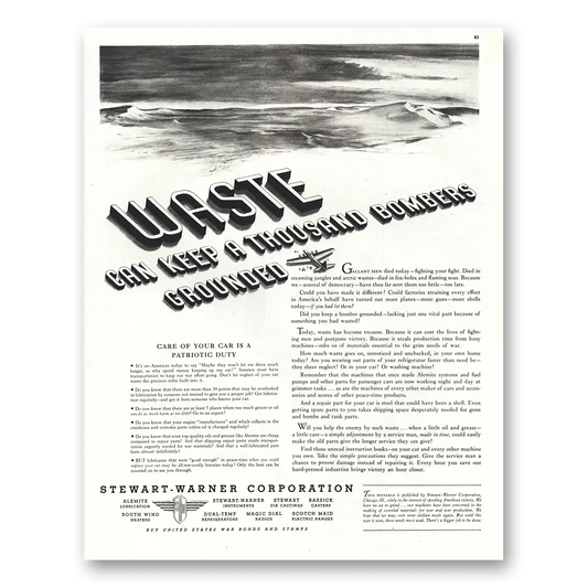 1942 Stewart Warner Waste Thousand Bombers Grounded Vintage Magazine Print Ad