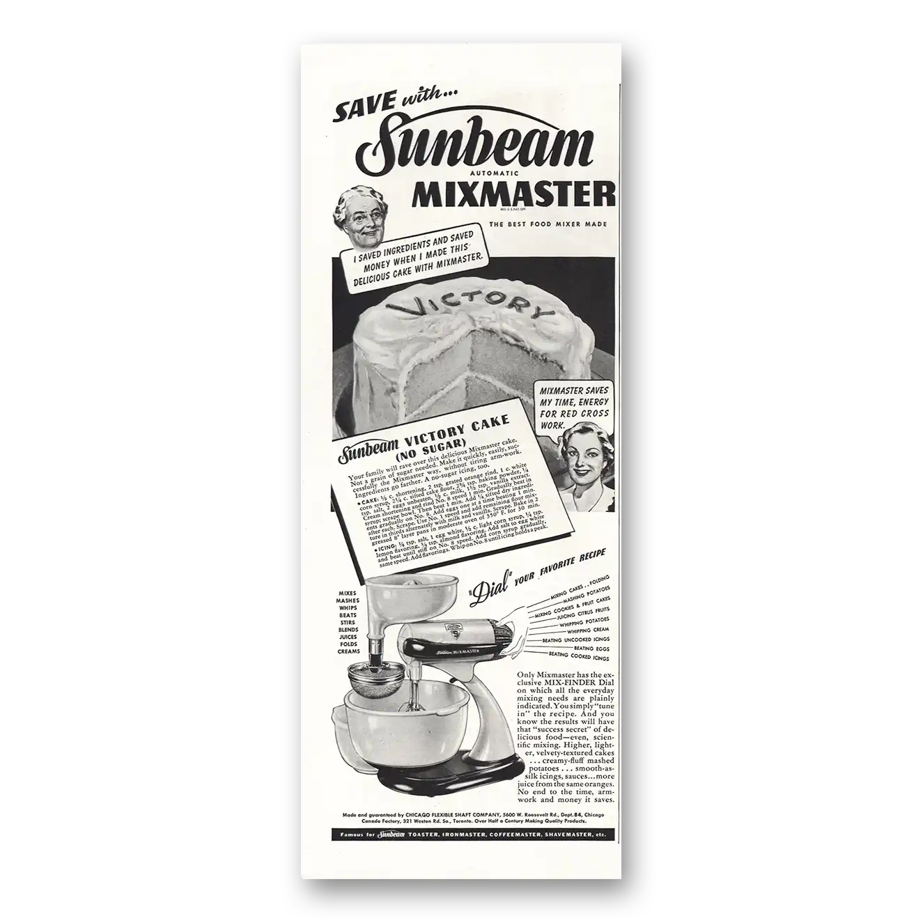 1942 Sunbeam Mixmaster Victory Cake Vintage Magazine Print Ad