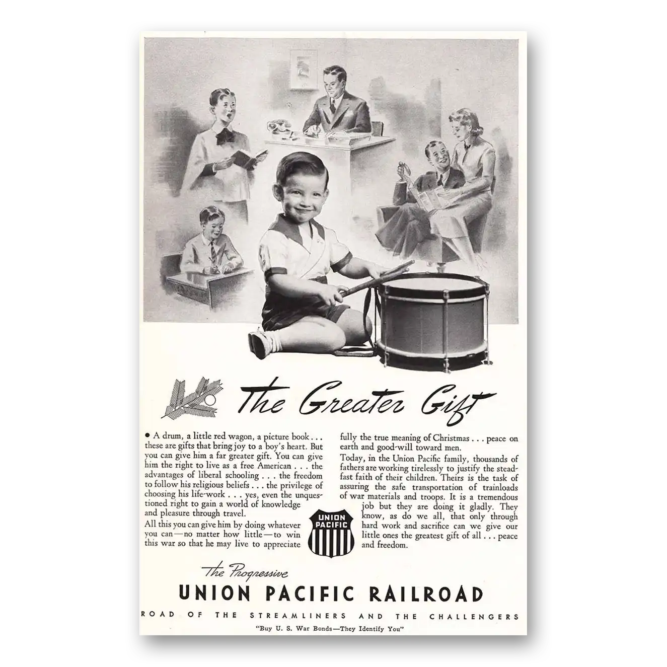 1942 Union Pacific Railroad Greater Gift Drum Vintage Magazine Print Ad