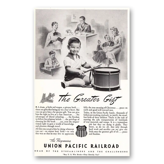 1942 Union Pacific Railroad Greater Gift Drum Vintage Magazine Print Ad