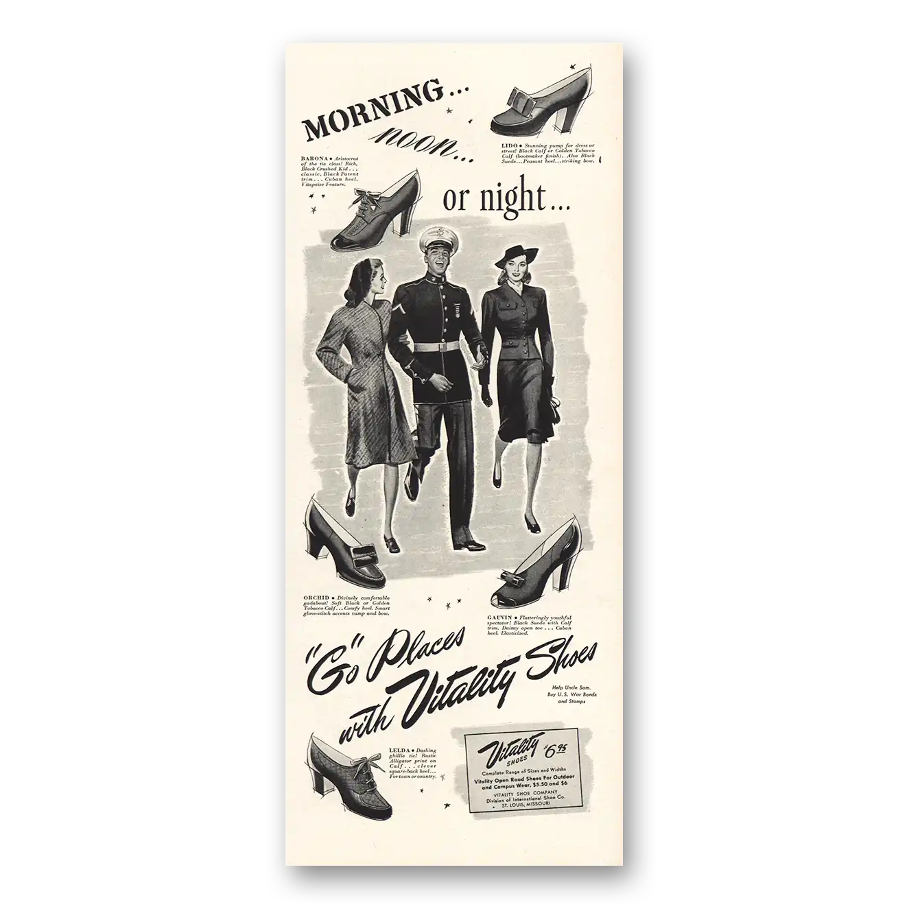 1942 Vitality Shoes Morning Noon or Night Vintage Magazine Print Ad