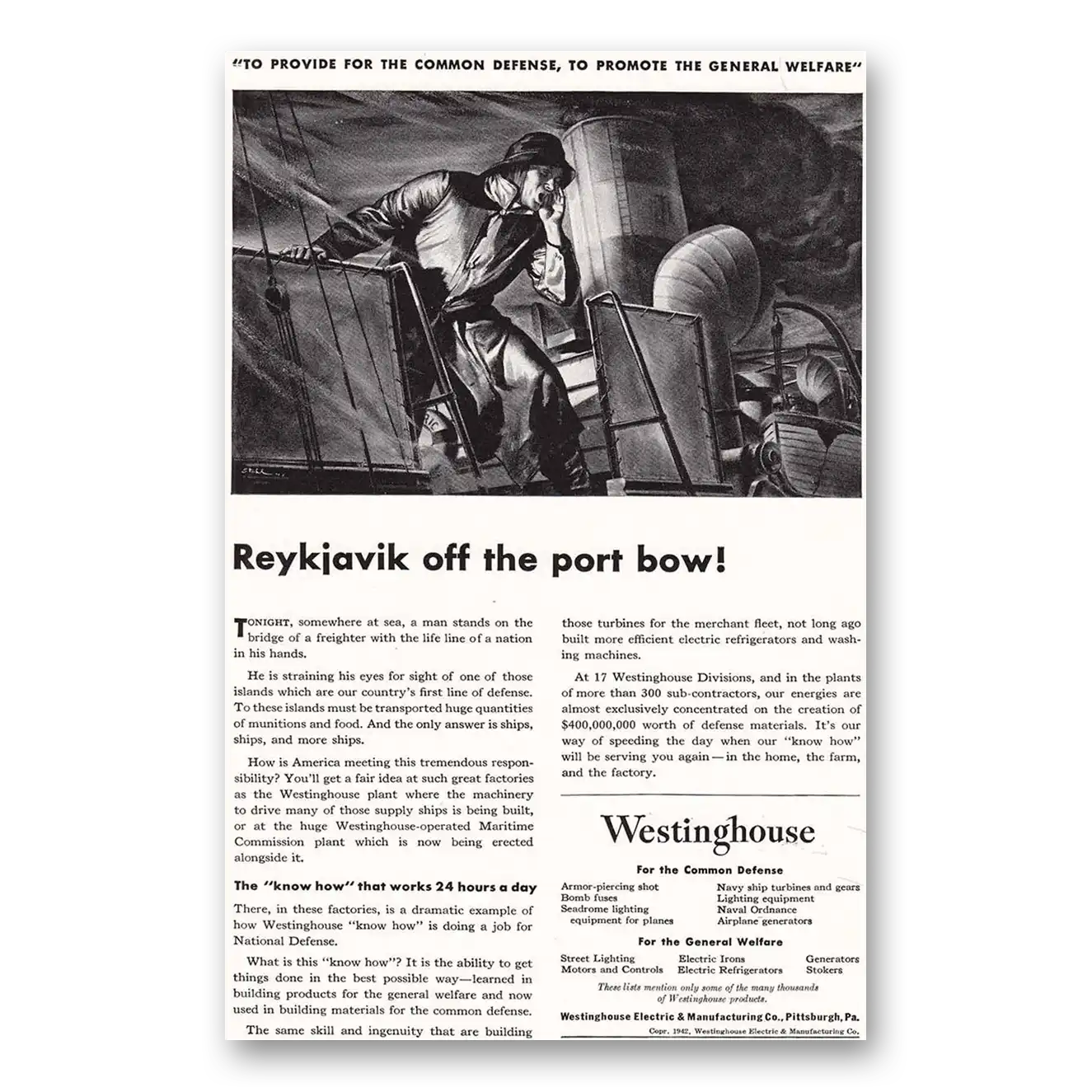 1942 Westinghouse Reykjavik Off the Port Bow Vintage Magazine Print Ad