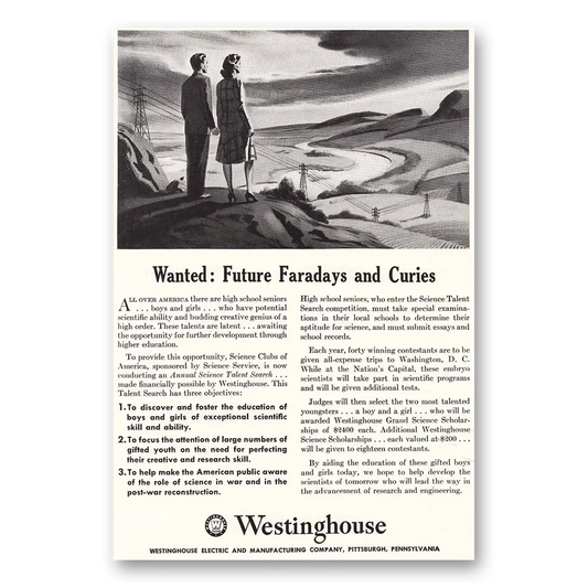 1942 Westinghouse Future Faradays and Curies Vintage Magazine Print Ad