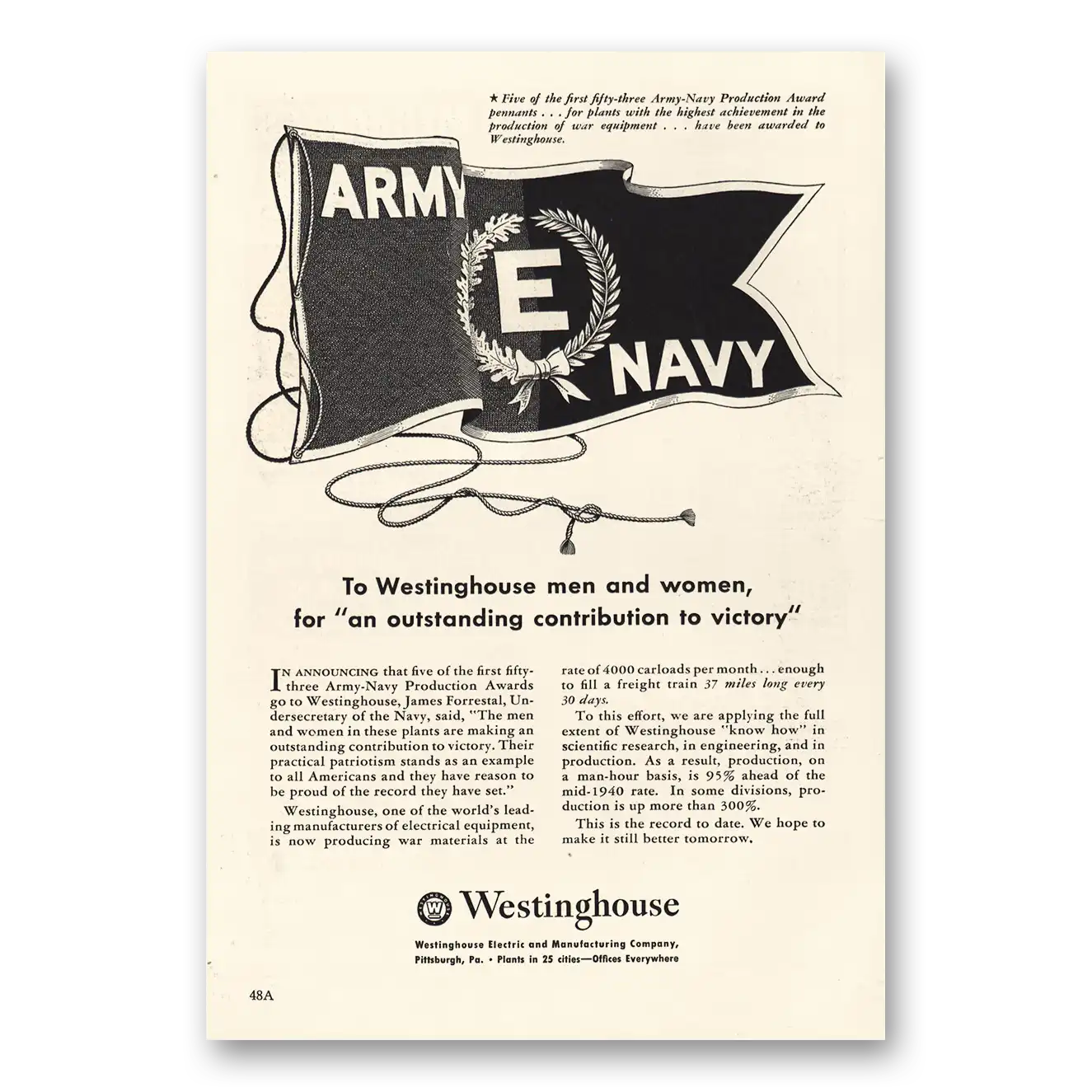 1942 Westinghouse Army Navy Outstanding Contribution Vintage Magazine Print Ad