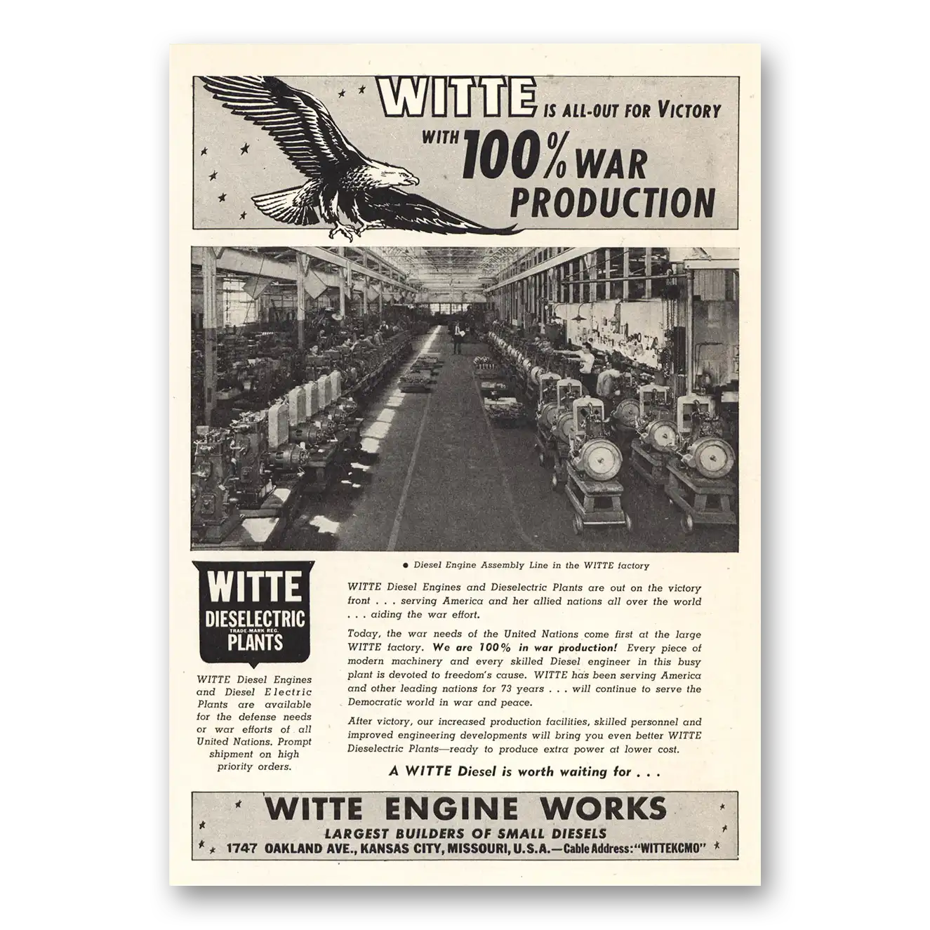 1942 Witte Engine Works All Out for Victory War Production Vintage Magazine Print Ad