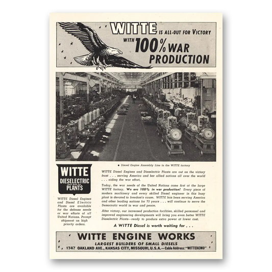 1942 Witte Engine Works All Out for Victory War Production Vintage Magazine Print Ad