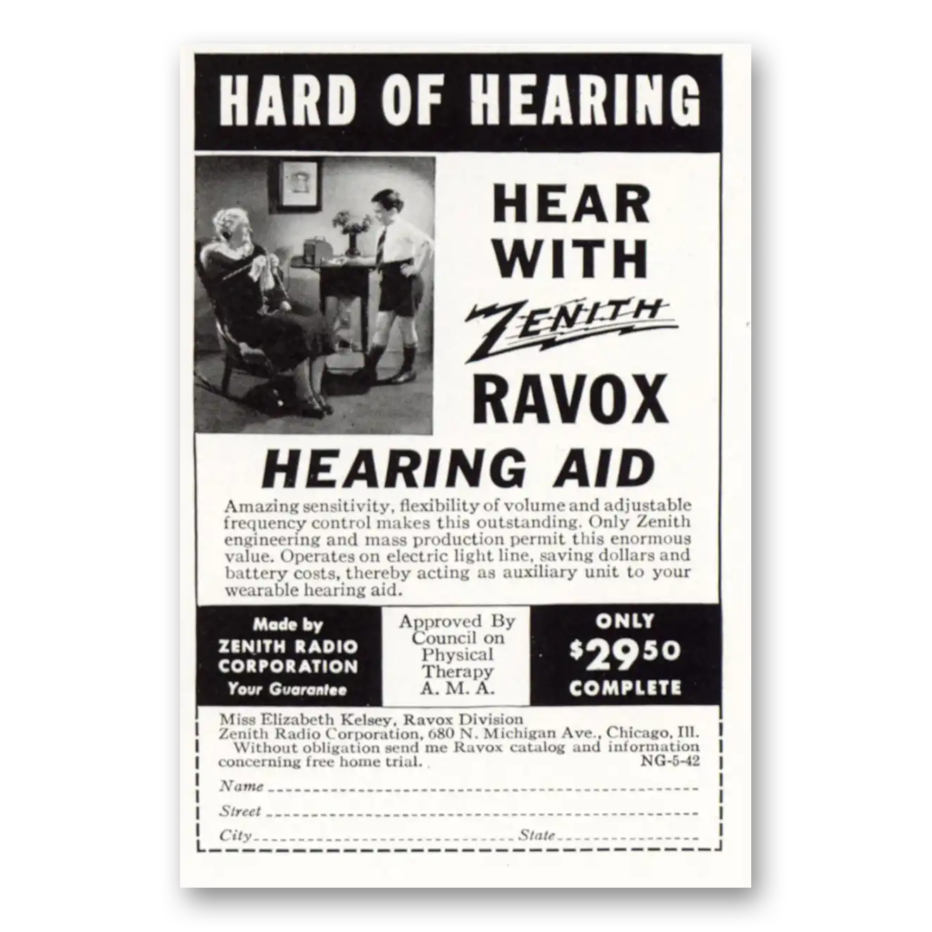 1942 Zenith Ravox Hearing Aid Hard of Hearing Vintage Magazine Print Ad