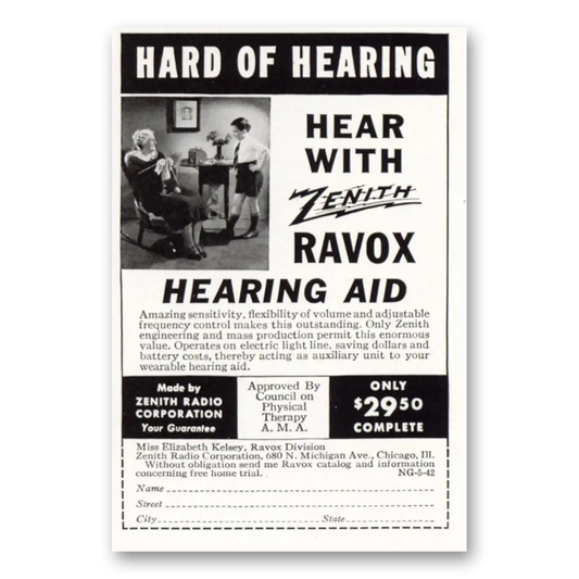 1942 Zenith Ravox Hearing Aid Hard of Hearing Vintage Magazine Print Ad