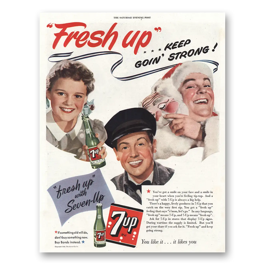 1943 7Up Keep Goin Strong Christmas Vintage Magazine Print Ad