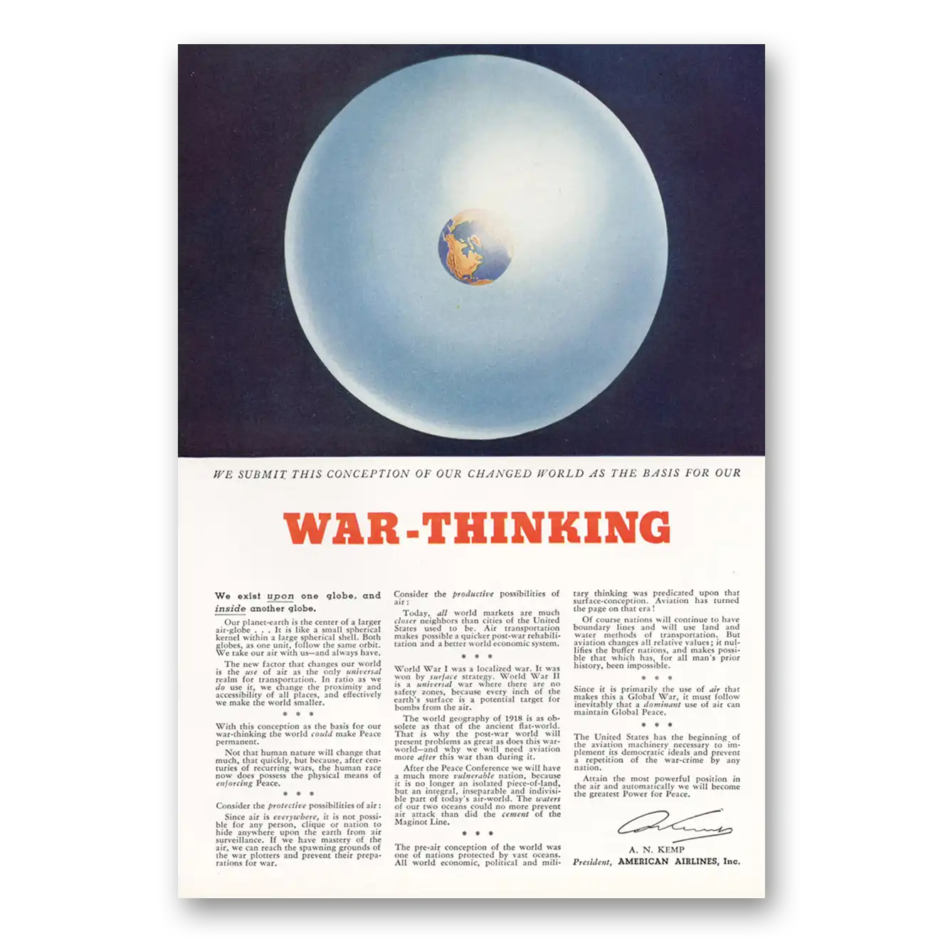 1943 American Airlines War Thinking Vintage Magazine Print Ad