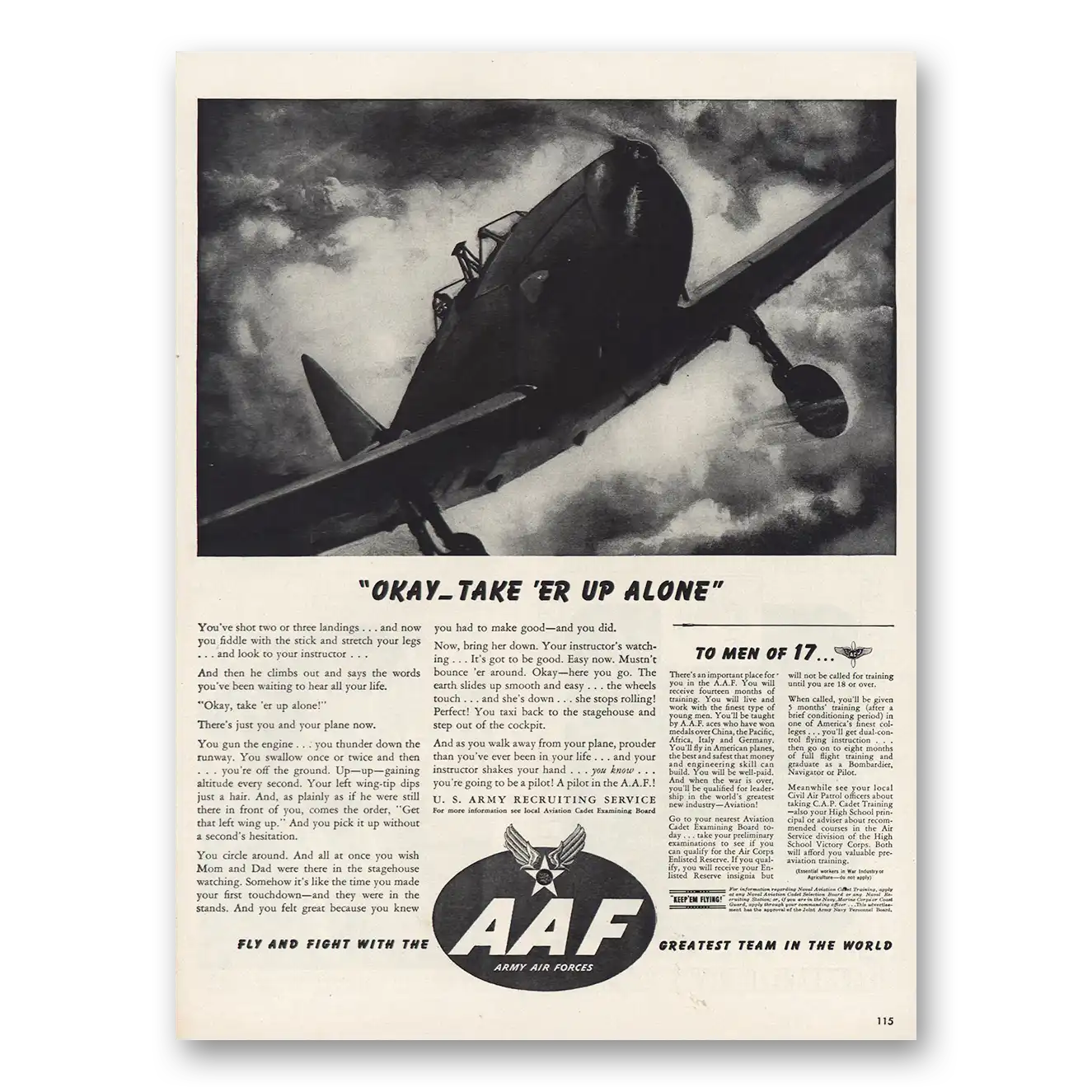 1943 AAF Army Air Forces Okay Take Er Up Alone Vintage Magazine Print Ad