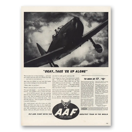 1943 AAF Army Air Forces Okay Take Er Up Alone Vintage Magazine Print Ad