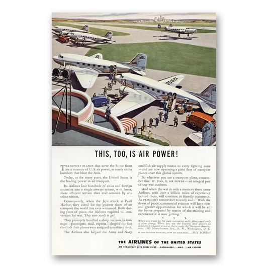 1943 Airlines of the United States This Too Is Air Power Vintage Magazine Print Ad