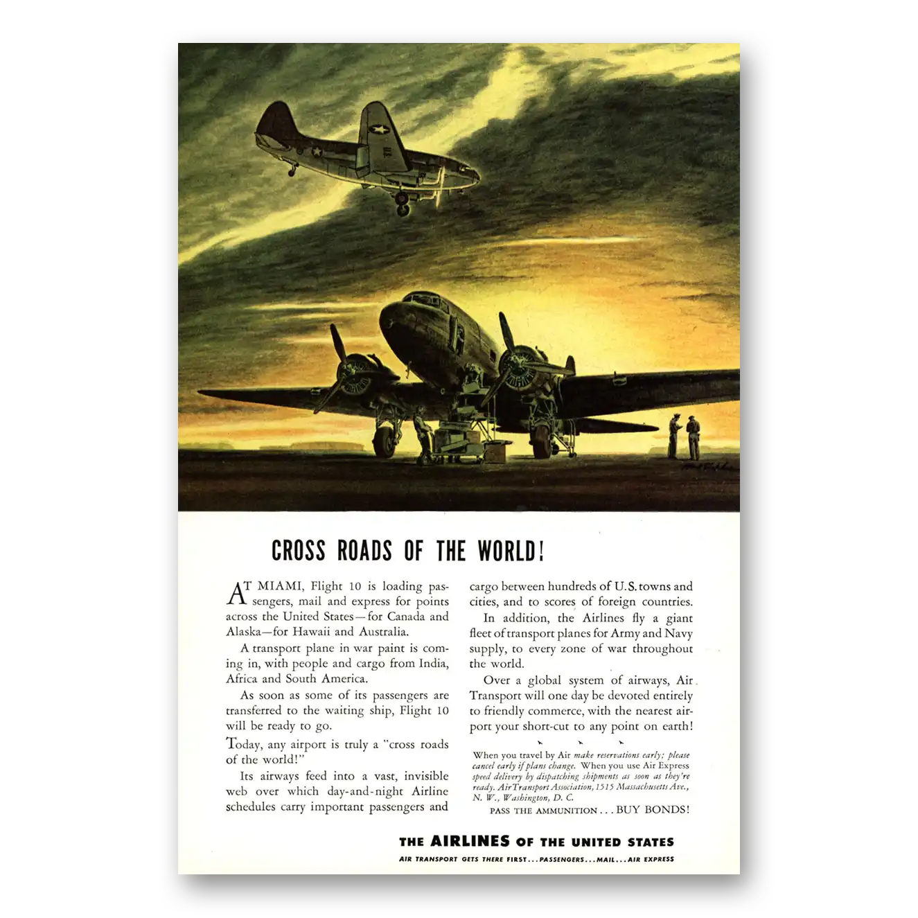 1943 Airlines of the United States Cross Roads of the World Vintage Magazine Print Ad