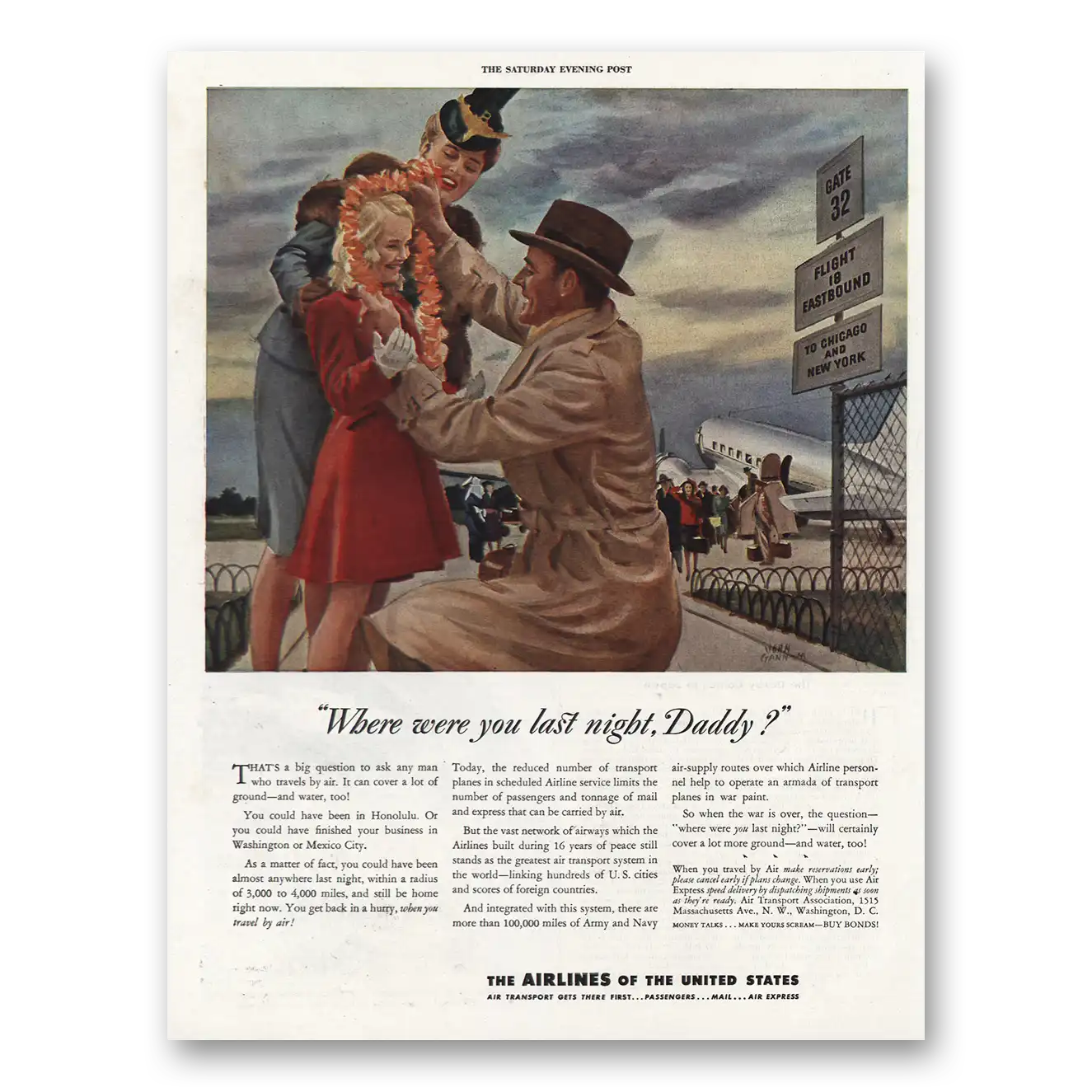 1943 Airlines of the United States Where Were You Last Night Vintage Magazine Print Ad