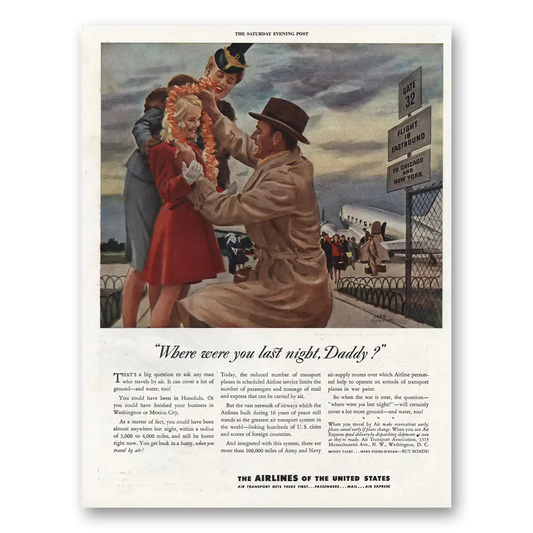 1943 Airlines of the United States Where Were You Last Night Vintage Magazine Print Ad