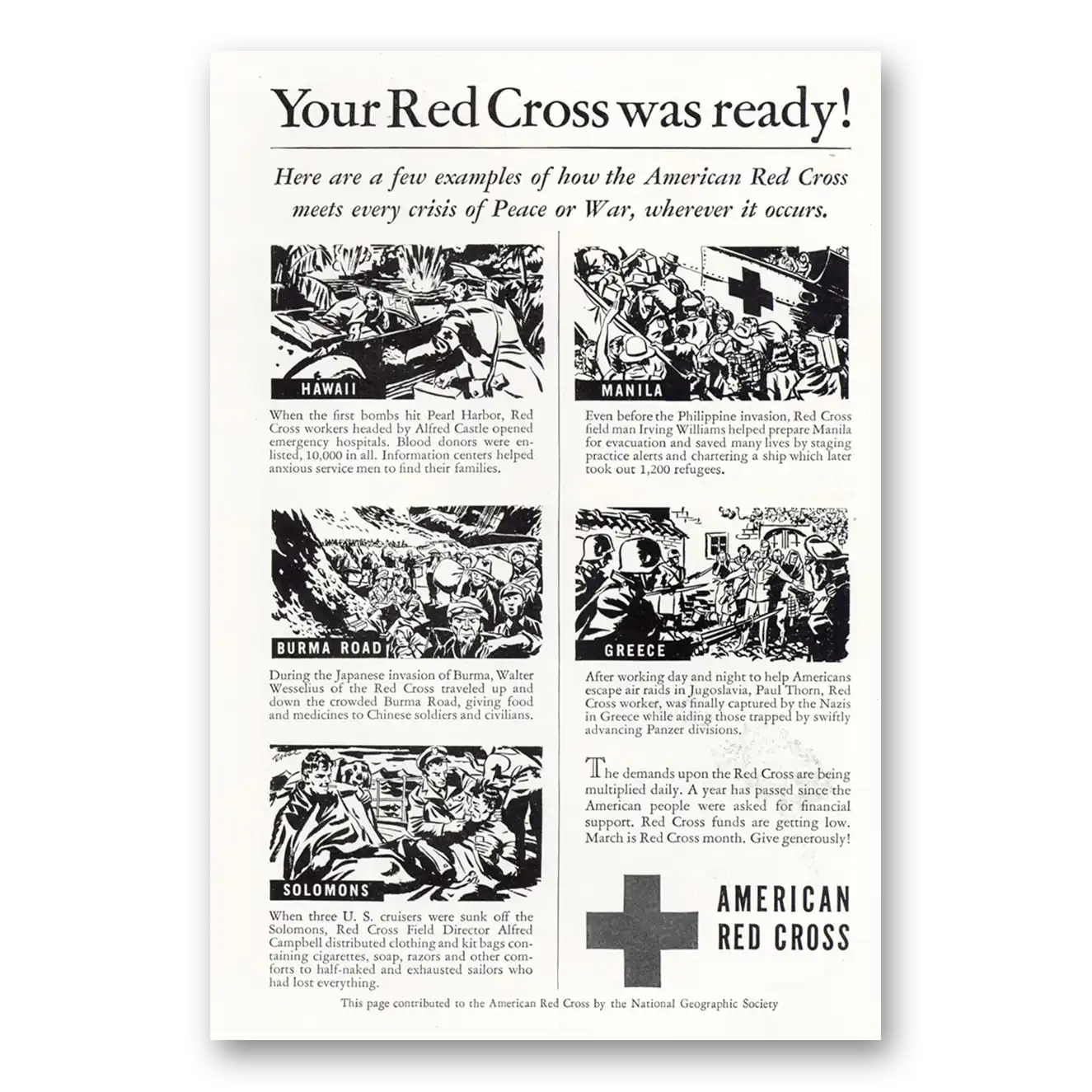 1943 American Red Cross Your Red Cross Was Ready Vintage Magazine Print Ad