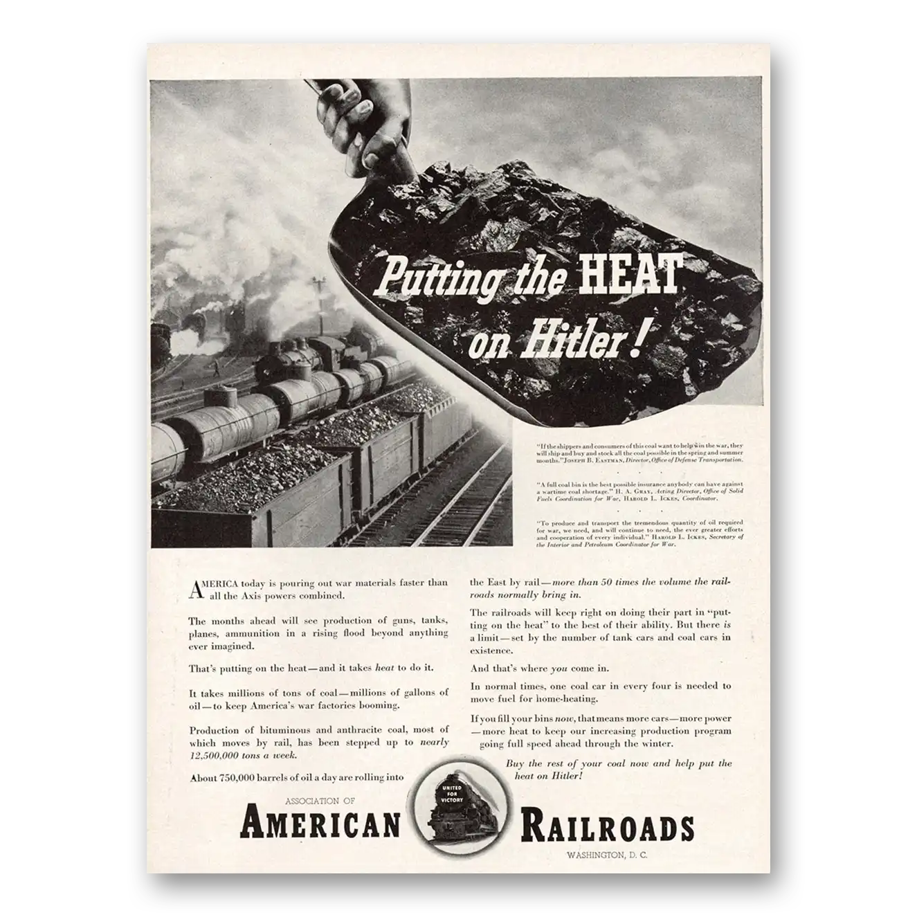 1942 American Railroads Putting the Heat on Hitler Vintage Magazine Print Ad