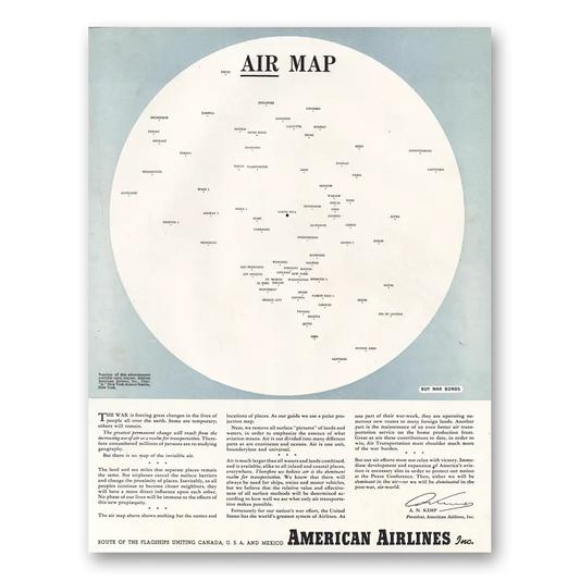 1943 American Airlines Air Map Vintage Magazine Print Ad