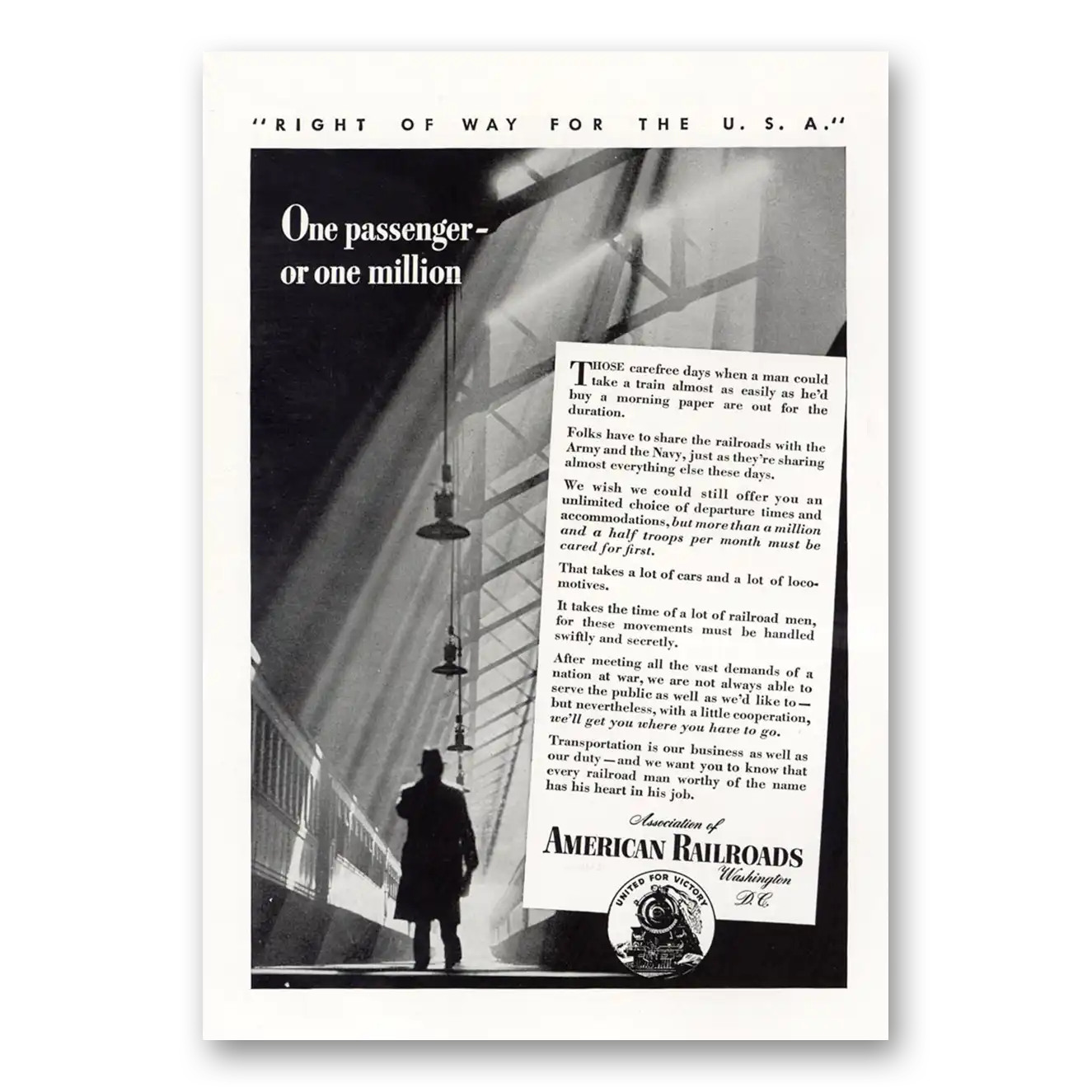 1943 Association of American Railroads One Passenger or One Million Vintage Magazine Print Ad