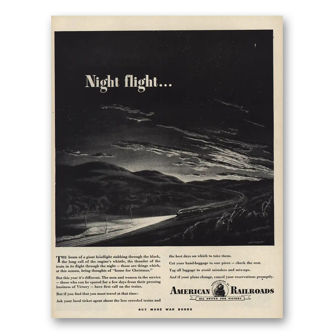 1943 Association of American Railroads Night Flight Vintage Magazine Print Ad