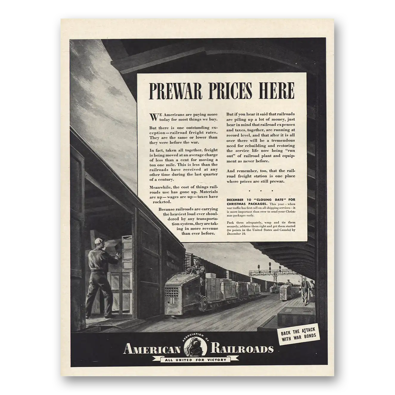 1943 Association of American Railroads Prewar Prices Here Vintage Magazine Print Ad