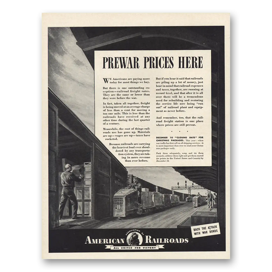 1943 Association of American Railroads Prewar Prices Here Vintage Magazine Print Ad