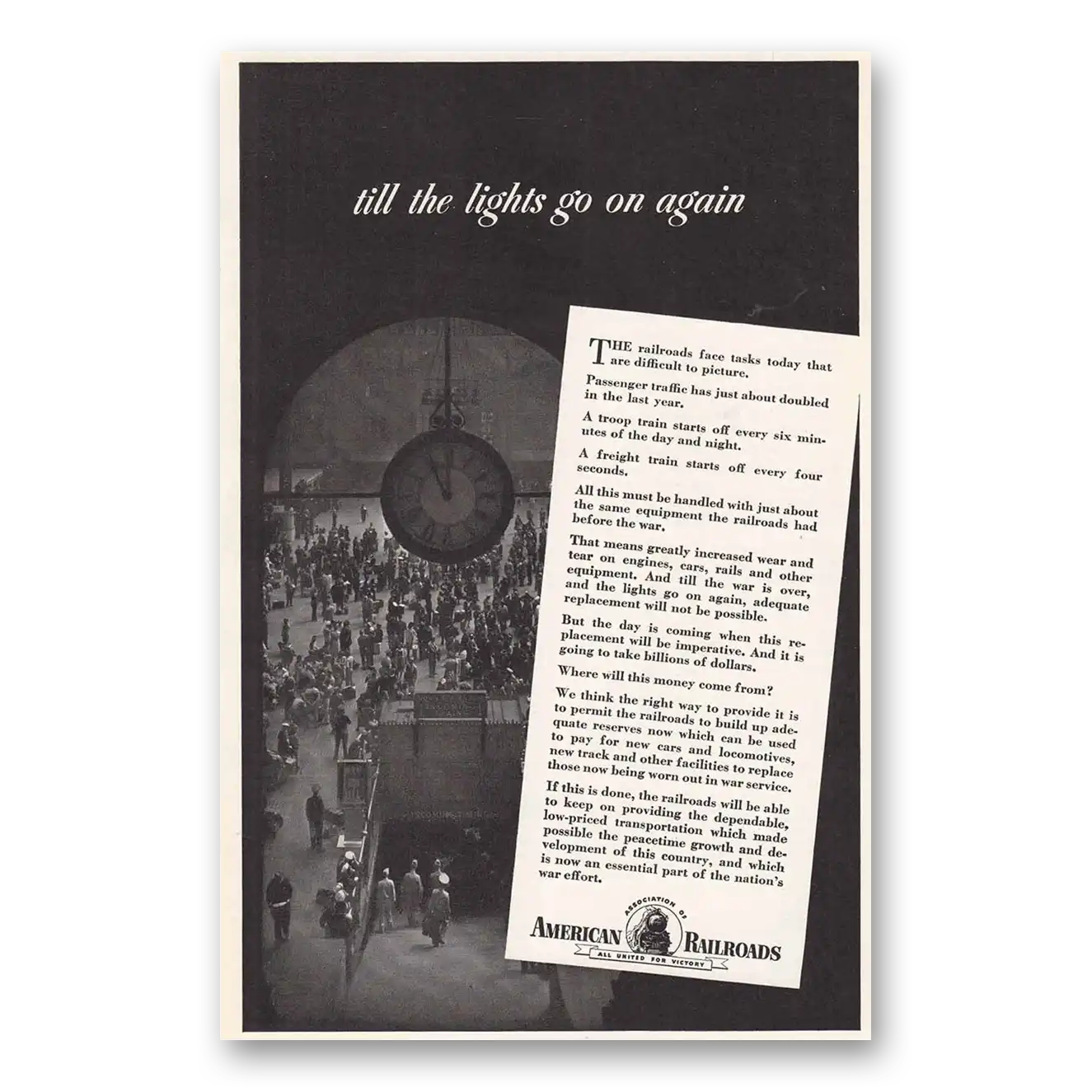 1943 Association of American Railroads Til the Lights Vintage Magazine Print Ad