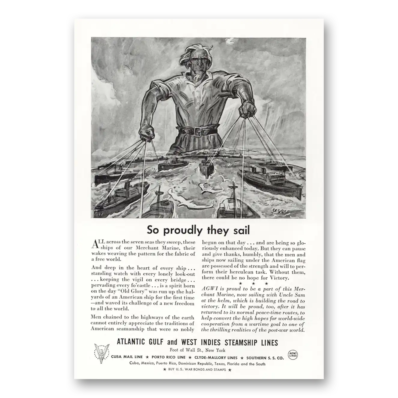 1943 Atlantic Gulf and West Indies Steamship Lines So Proudly They Sail Vintage Magazine Print Ad