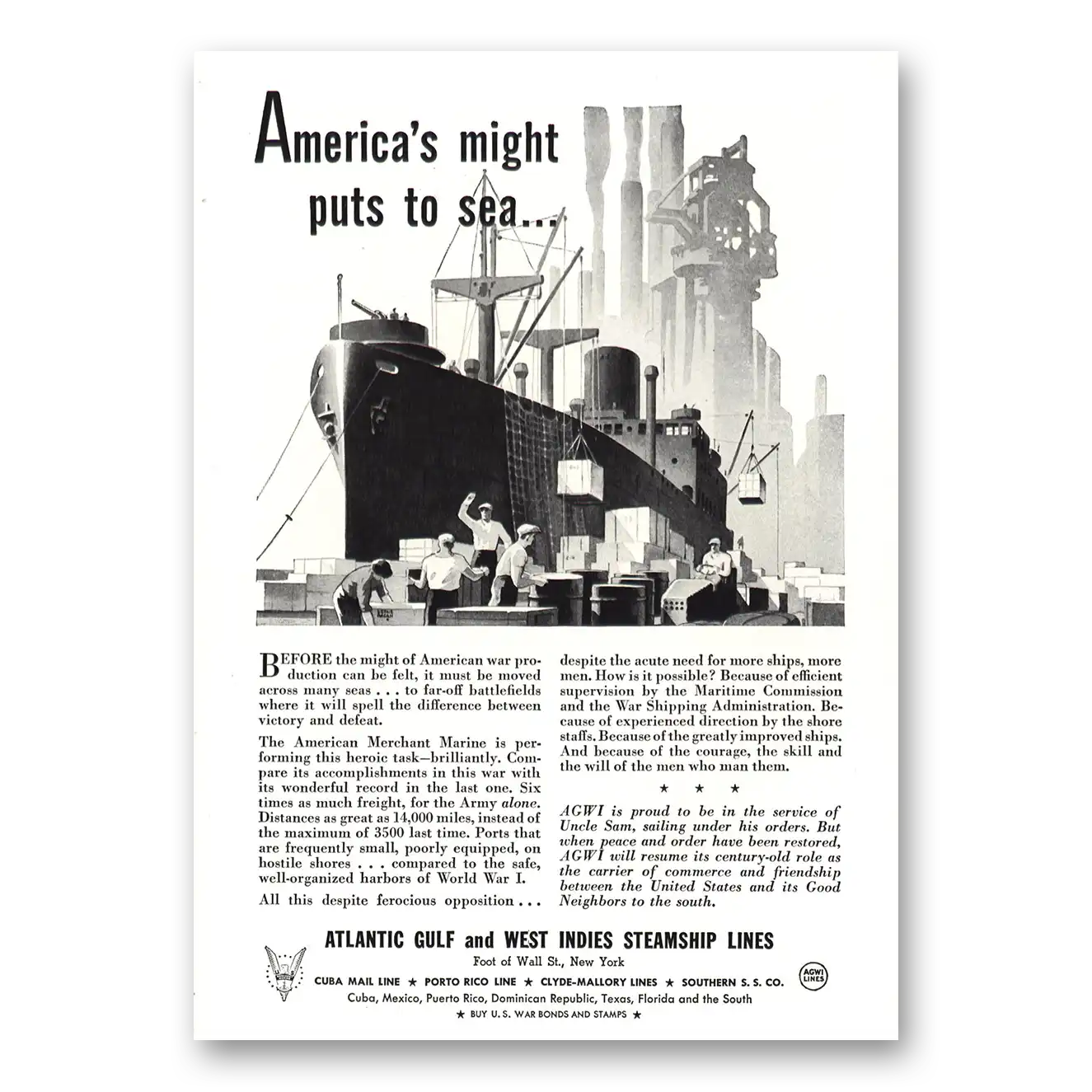 1943 Atlantic Gulf and West Indies Steamship Lines Americas Might Puts to Sea Vintage Magazine Print Ad