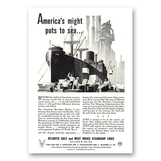 1943 Atlantic Gulf and West Indies Steamship Lines Americas Might Puts to Sea Vintage Magazine Print Ad