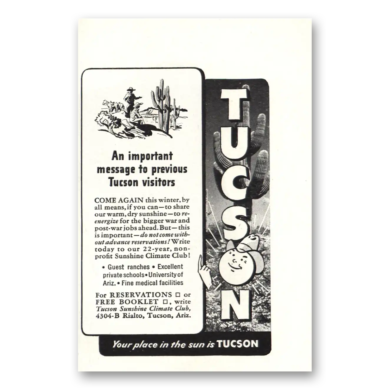 1943 Tucson Arizona Come Again This Winter Vintage Magazine Print Ad