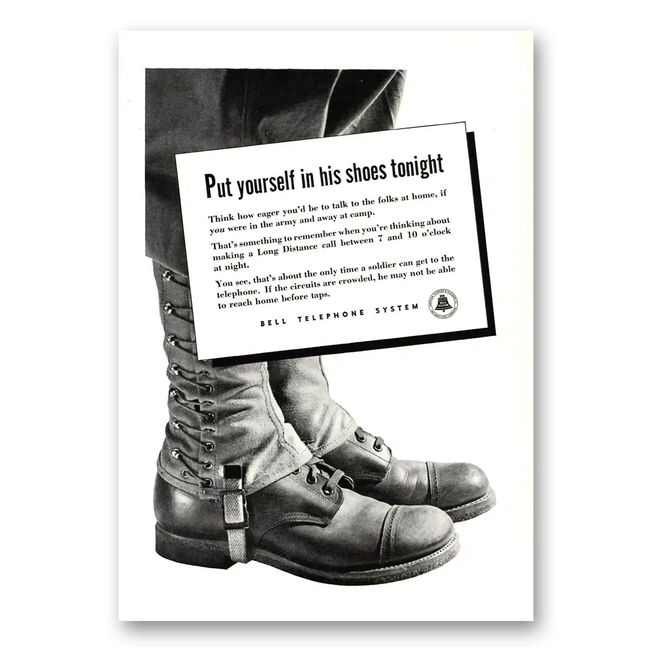 1943 Bell Telephone Put Yourself In His Shoes Tonight Vintage Magazine Print Ad