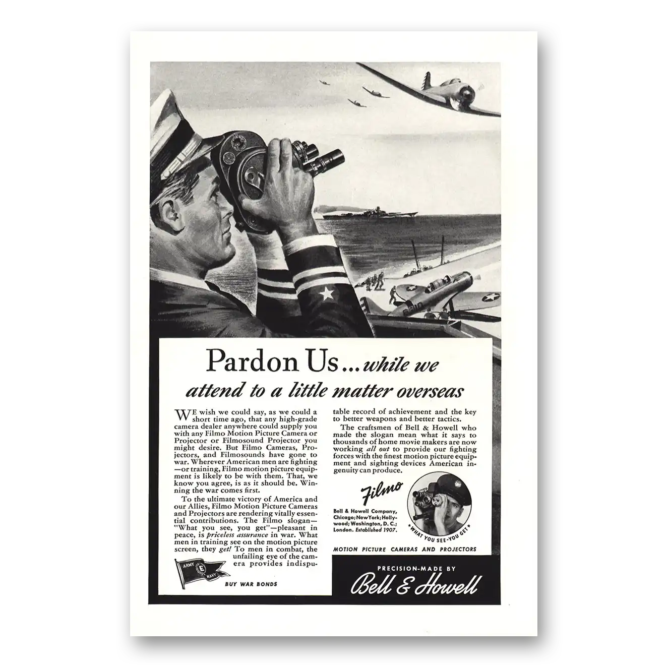 1943 Filmo Camera Pardon Us Little Matter Vintage Magazine Print Ad