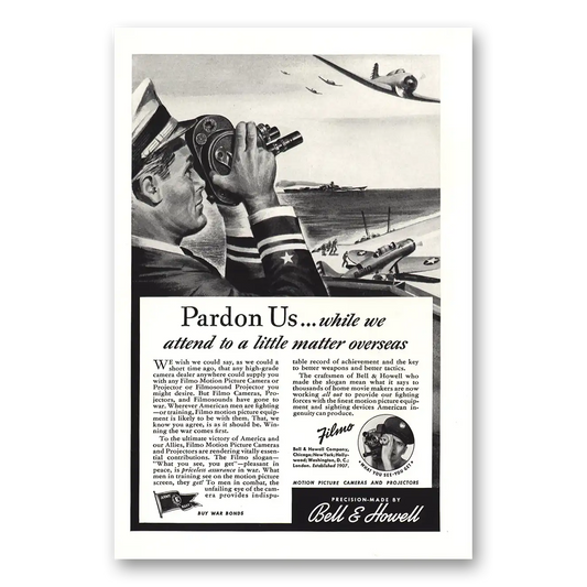 1943 Filmo Camera Pardon Us Little Matter Vintage Magazine Print Ad