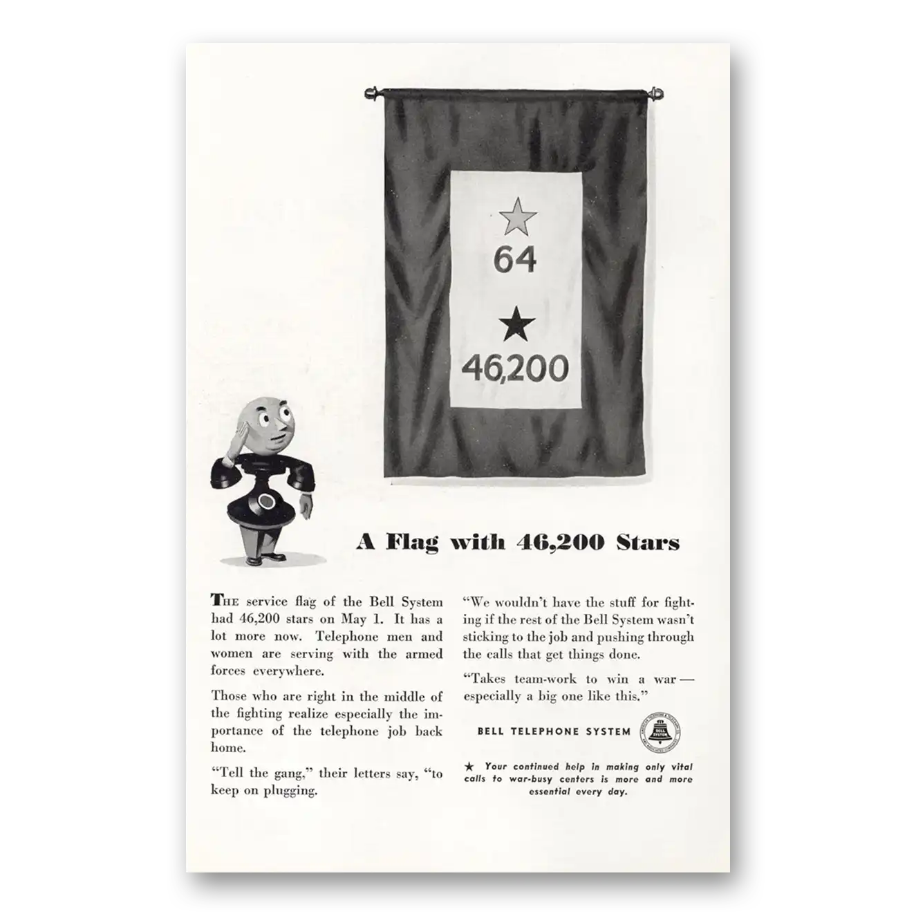 1943 Bell Telephone Flag with 46200 Stars Vintage Magazine Print Ad