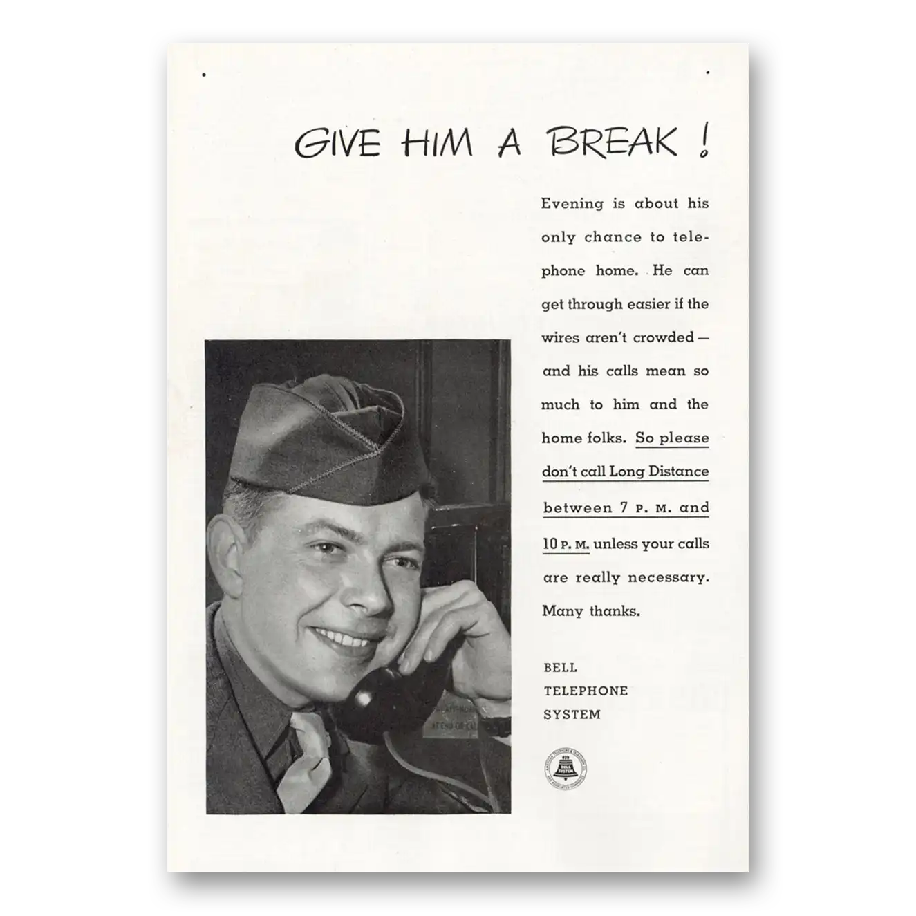 1943 Bell Telephone Give Him a Break Vintage Magazine Print Ad