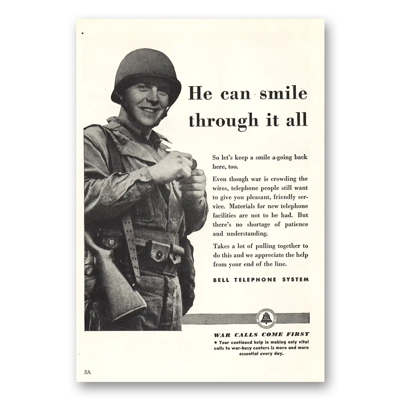 1943 Bell Telephone He Can Smile Through It All Vintage Magazine Print Ad