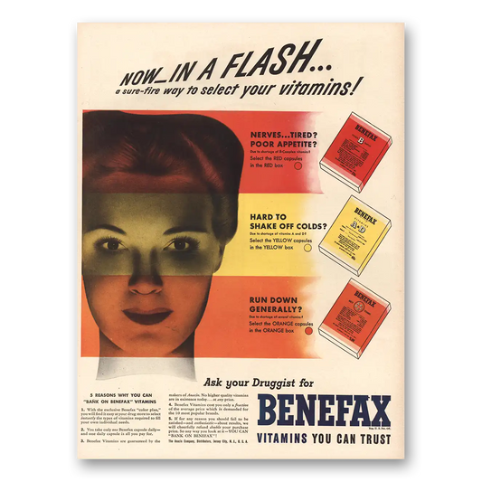 1943 Benefax Vitamins In Flash Vintage Magazine Print Ad