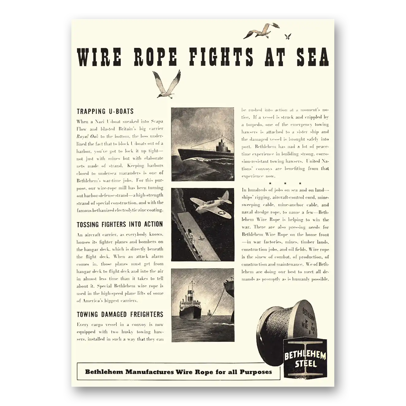 1943 Bethlehem Steel Wire Rope Fights at Sea Vintage Magazine Print Ad