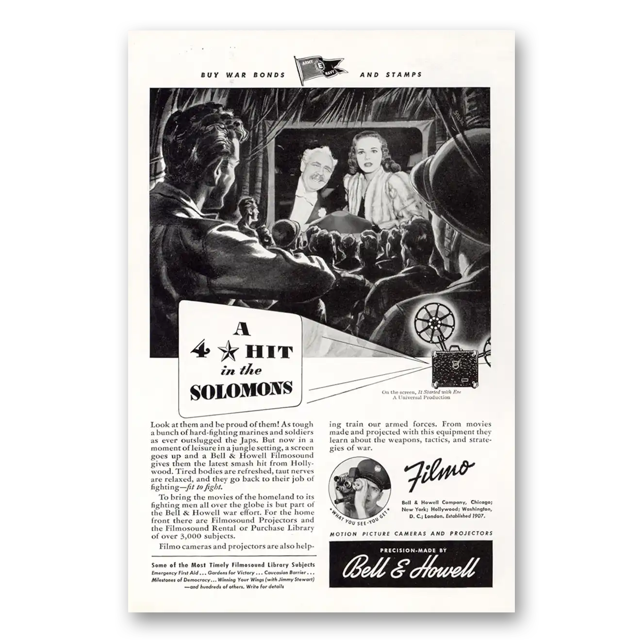 1943 Filmo Camera Hit In the Solomons Vintage Magazine Print Ad