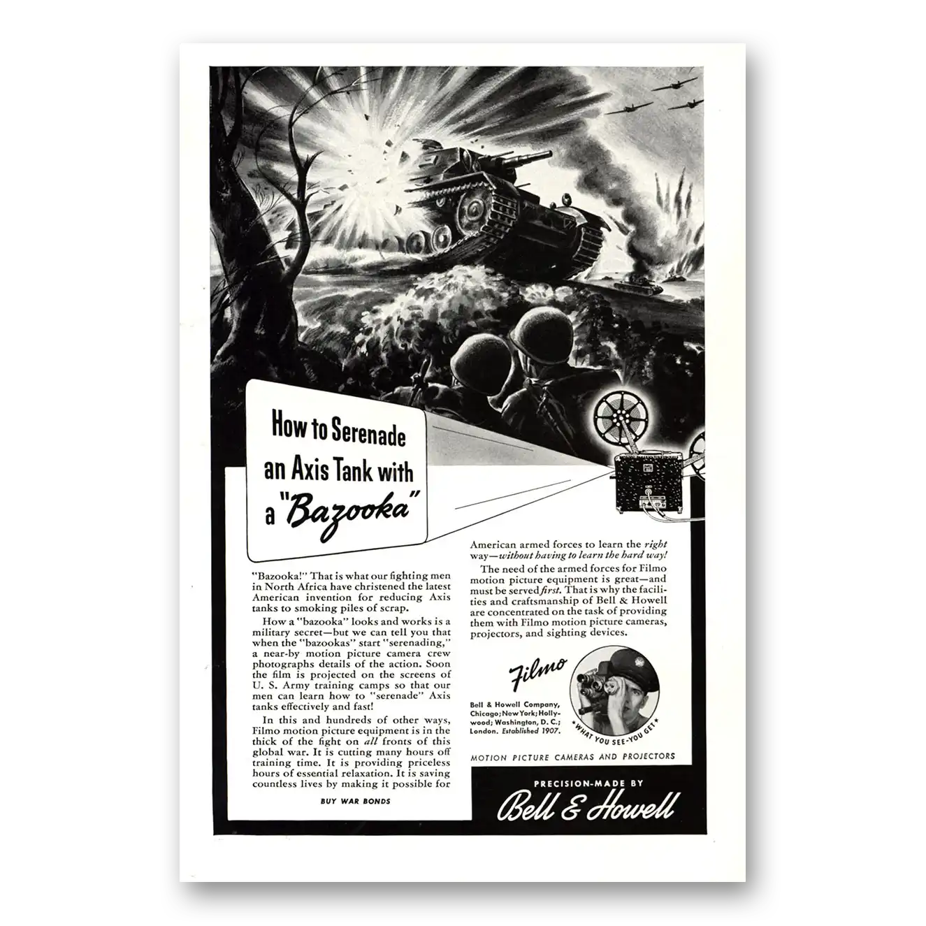 1943 Filmo Camera Serenade Axis Tank With Bazooka Vintage Magazine Print Ad