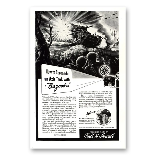 1943 Filmo Camera Serenade Axis Tank With Bazooka Vintage Magazine Print Ad