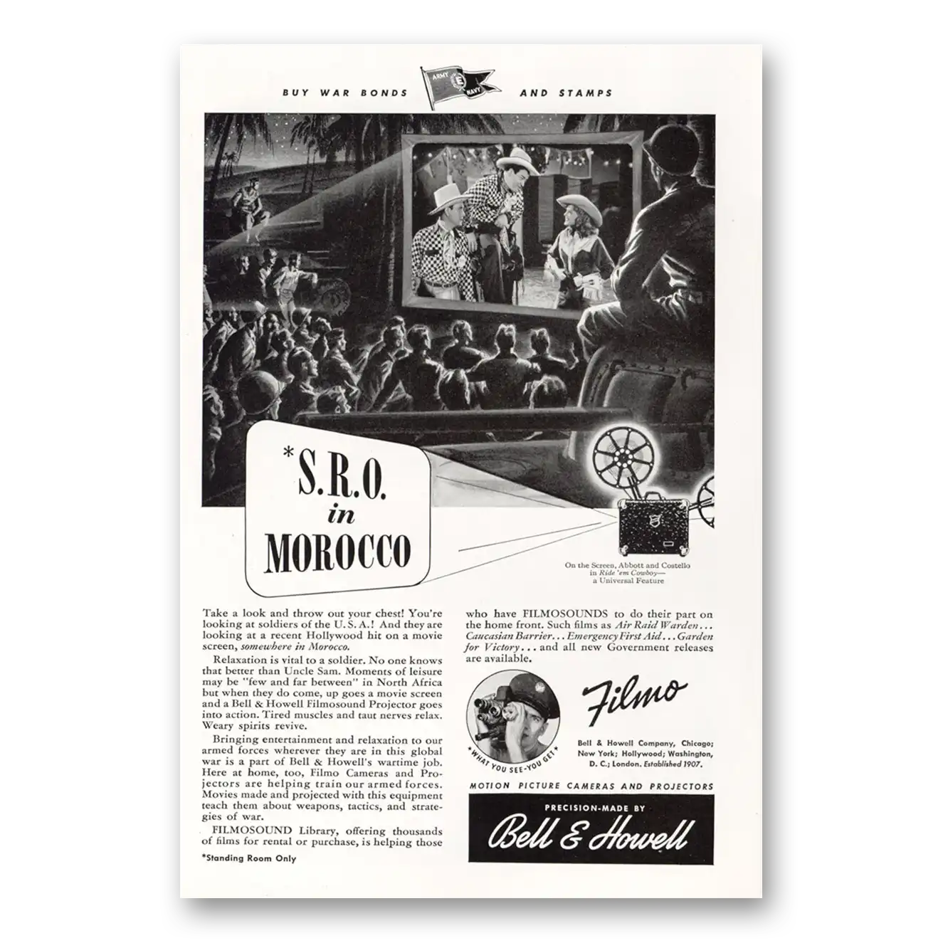 1943 Filmo Camera SRO In Morocco Vintage Magazine Print Ad