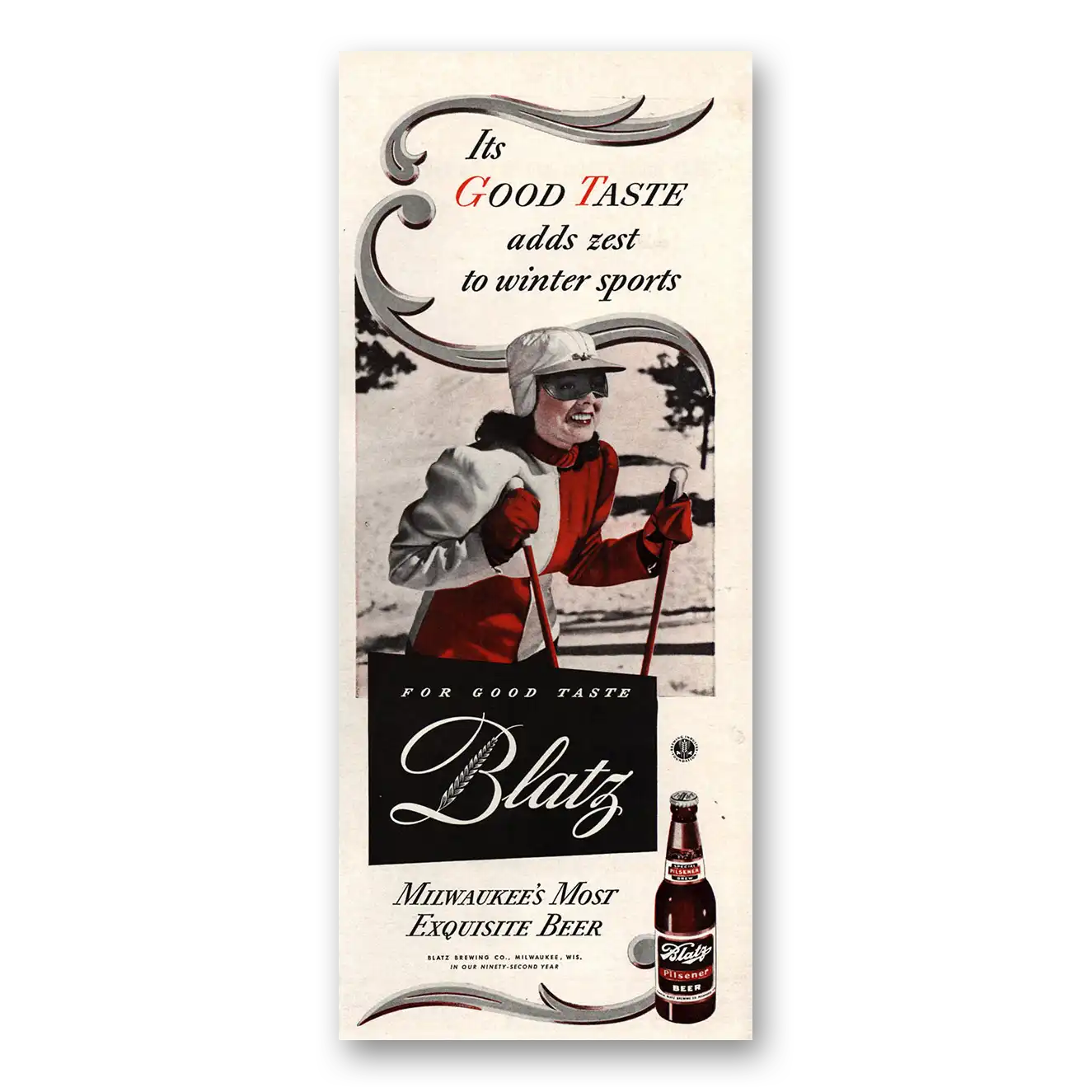 1943 Blatz Beer Adds Zest to Winter Sports Vintage Magazine Print Ad