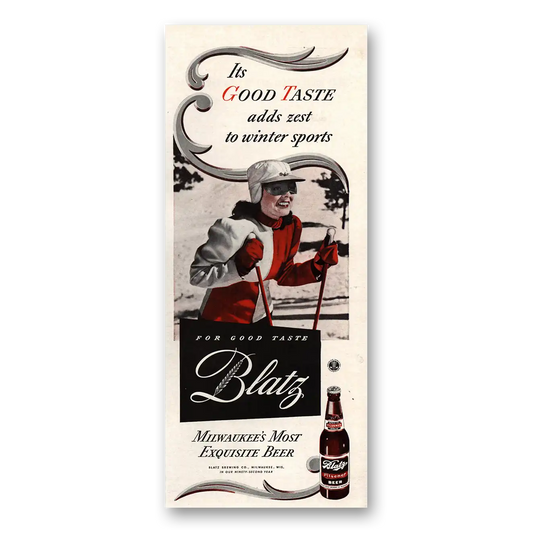 1943 Blatz Beer Adds Zest to Winter Sports Vintage Magazine Print Ad