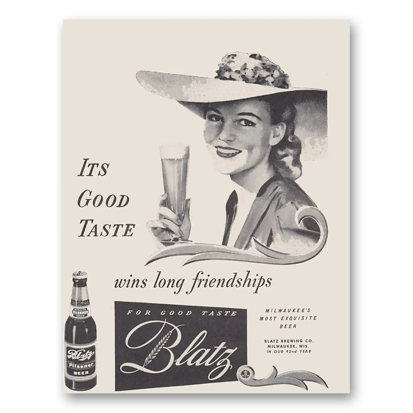 1943 Blatz Beer Good Taste Wins Long Friendships Vintage Magazine Print Ad