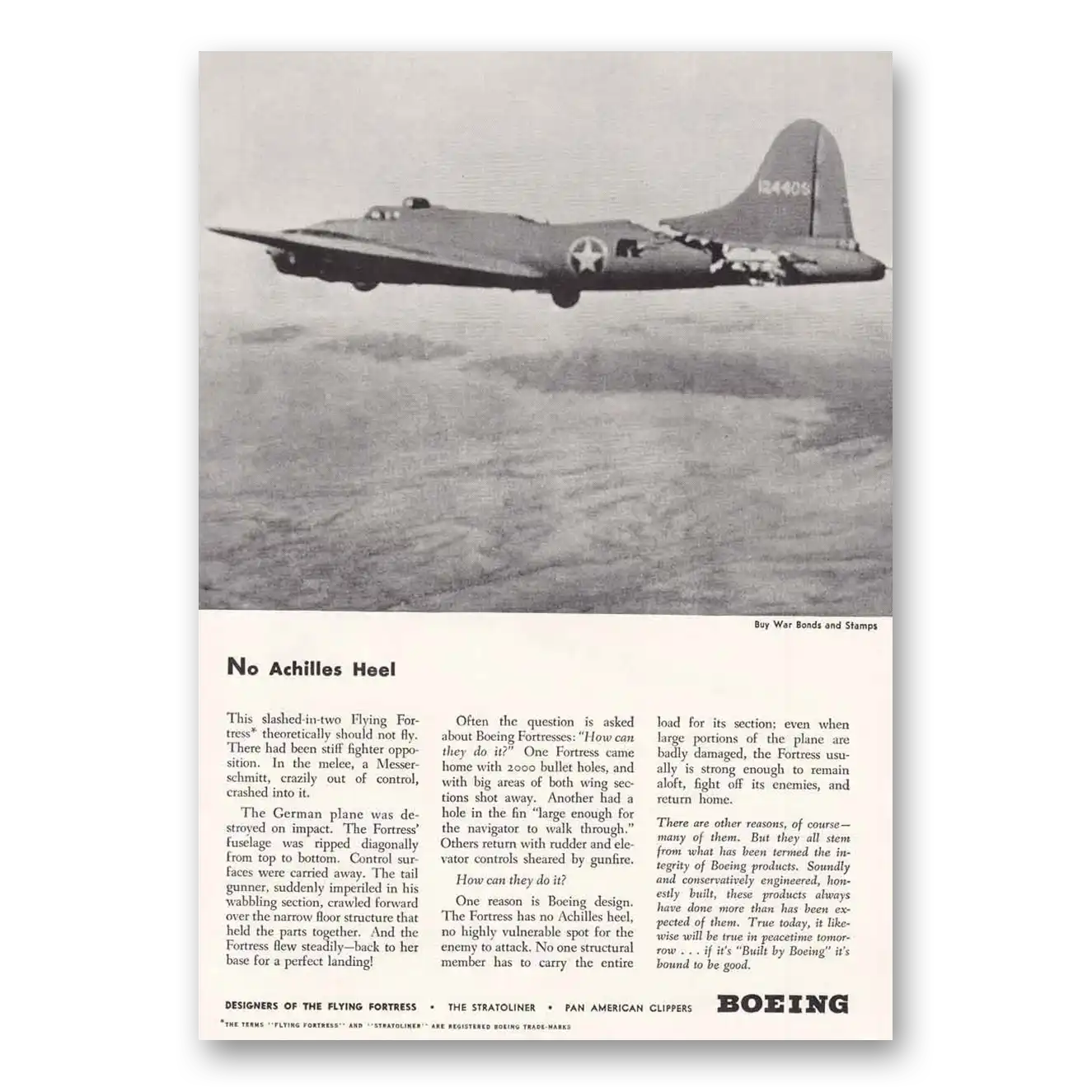 1943 Boeing Flying Fortress No Achilles Heel Flying Fortress Vintage Magazine Print Ad